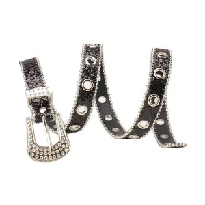 Ceinture Y2K en paillettes noires pour femmes avec œillets argentés et strass