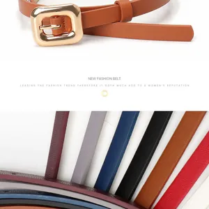 Nahaufnahme von elegantem Damen-Ledergürtel mit goldener quadratischer Schnalle in bunten Farben