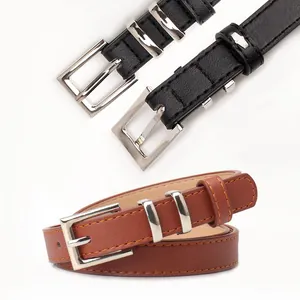 Damen-Gürtel-Set aus schwarzem und braunem PU-Leder mit polierter Silberschnalle