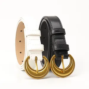 Vintage crescent moon buckle leather belt for women in classic black and white finishes