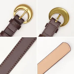 Vintage crescent buckle leather belt for women with elegant stitching and gold hardware