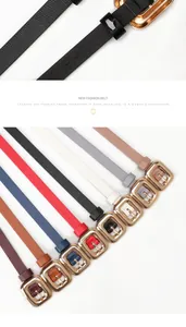Details von schmalen Damen-Kunstledergürteln mit Goldschnallen in verschiedenen Farben