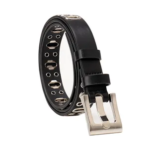 Cintura punk in pelle nera da donna con occhielli in metallo e fibbia quadrata argento