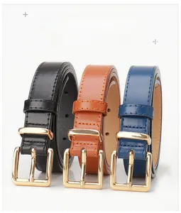 Three leather belts in black, brown, and blue with polished gold alloy pin buckles