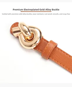 Detail of brown litchi leather belt with a decorative gold knot-shaped alloy buckle