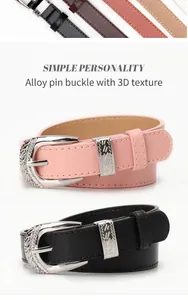 Detailed close-up of alloy pin buckle with 3D embossed textures on women leather belts