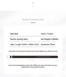 Detailed sizing and material chart for vintage women belt with silver alloy buckle