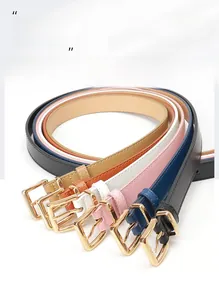Detailed view of six skinny leather belts for women with chic gold square pin buckles