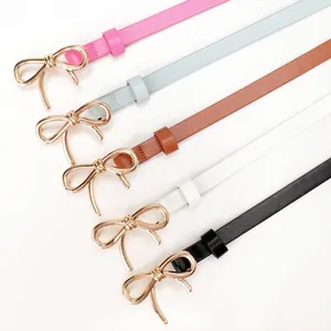 Elegant skinny bow belts for women in five colors with golden metallic buckles