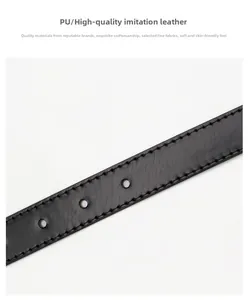 Detail of premium black PU leather belt showing fine lychee texture and precise stitching