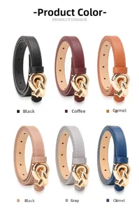 Macro view of thin leather belts for women with unique golden metal knot buckles in six colors