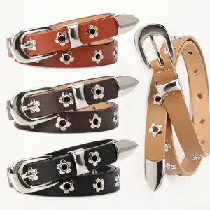 Vintage Western Ledergürtel mit silbernen Blumenösen und polierter Metallschnalle