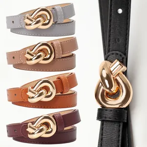 Fashion Women Faux Leather Thin Belt Minimalist Gold Alloy Knot Buckle Decorative Waist Strap For Jeans Dress Daily Accessories