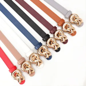 Set of 8 colorful minimalist thin belts for women with golden metal knot buckles