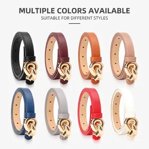 Slim women's leather belts in 8 colors featuring elegant gold knotted metal buckles