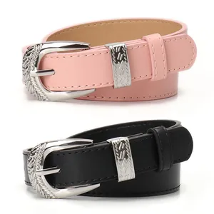 Vintage skinny belts for women with engraved silver buckle in pink and black leather