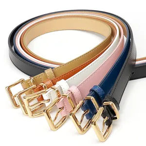 Set of six colorful thin faux leather belts for women with polished gold pin buckles