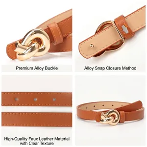 Women's brown faux leather thin belt with elegant gold knotted alloy buckle