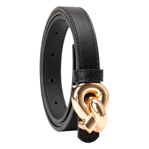 Women's black Saffiano leather belt with a decorative golden double-loop twist buckle
