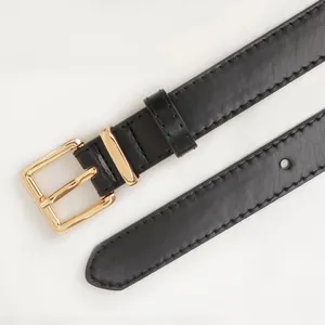 Chic women black leather belt with a polished gold square buckle for jeans