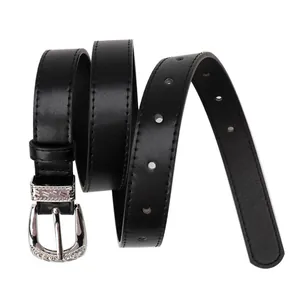 Minimalist black leather belt for women with vintage floral engraved silver metal buckle