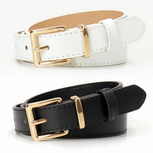 Elegant thin leather belts in black and white with polished gold pin buckles