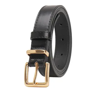 Chic women's black leather belt with a polished gold pin buckle for versatile styling