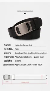 Detailed size chart of nylon tactical belt with alloy buckle measuring 126cm by 3.5cm