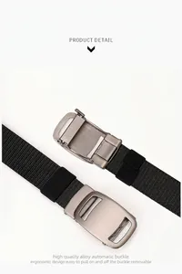 Detail of premium alloy automatic buckle on black breathable nylon tactical belt