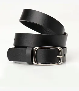 Close-up of black leather belt with silver square pin buckle on white background