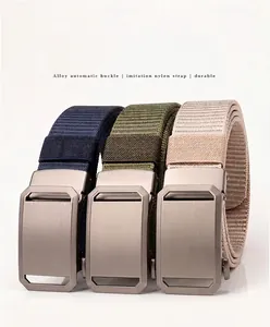 Three tactical belts with alloy automatic buckles in navy, army green, and khaki nylon strap