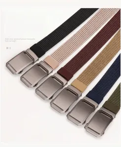 Detailed view of six tactical nylon belts featuring adjustable matte grey alloy buckles