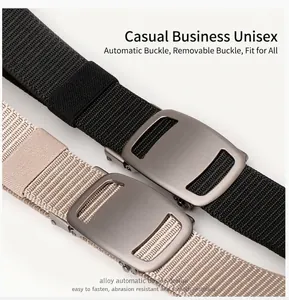 Detail of alloy automatic buckle with brushed metal texture and woven nylon belt straps