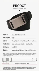 Detailed size parameters and specifications for the nylon canvas belt with alloy buckle
