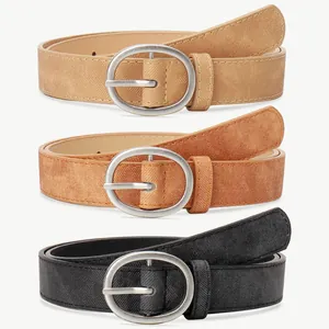 Set of three fashion PU leather belts in black, brown and khaki with oval silver buckles