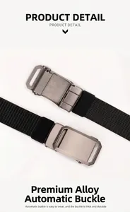 Detail of grey alloy automatic buckle and durable black nylon woven tactical belt strap
