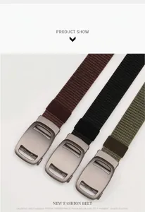 Detailed view of tactical belts in black, brown, and army green with alloy buckles