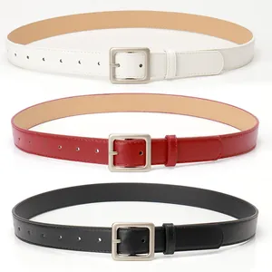 Minimalist square buckle leather belts for women in white, red, and black colors