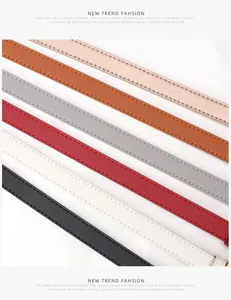 Detail of slim leather belts in six colors with fine stitching and luxury metal buckles