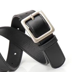 Classic black leather belt for women featuring a minimalist square silver metal buckle
