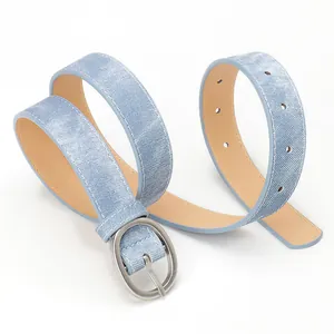 Light blue denim texture PU belt for women with elegant silver oval metal buckle