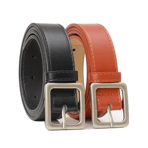 Minimalist square buckle leather belts for women in classic black and orange brown