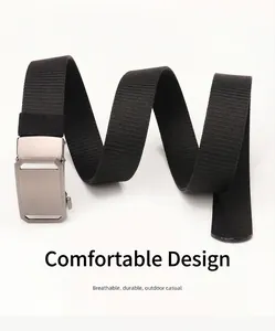 Close-up of tactical nylon belt with brushed metal buckle and durable black fabric texture