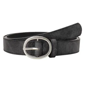 Women fashion casual black PU leather belt with oval silver buckle for jeans