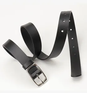 Detail view of a black matte belt with a silver rectangular metal pin buckle