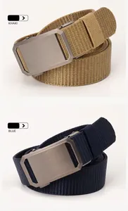 Detail view of khaki and blue nylon tactical belts with brushed metal buckles