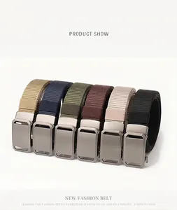 Detail of durable nylon tactical belts with brushed alloy buckles in six assorted colors