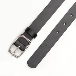 Classic black leather belt for women featuring a polished silver needle buckle on white background