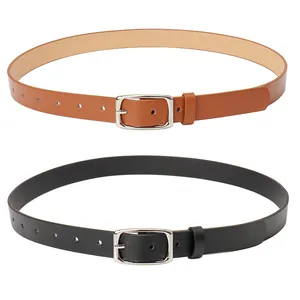 Classic leather belts in black and brown with silver square pin buckles for women