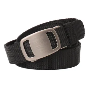 Men's outdoor tactical belt with black nylon webbing and matte silver alloy buckle